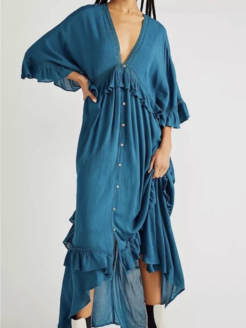 Free People Teal Ruffled V-Neck Button Maxi Dress